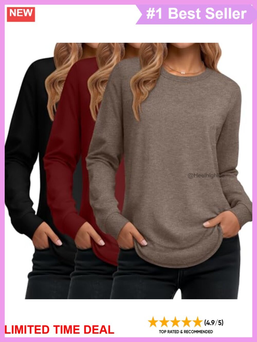 3 Pack Women's Cotton Long Sleeve Crewneck Sweatshirts Loose Fit Tunic Tops